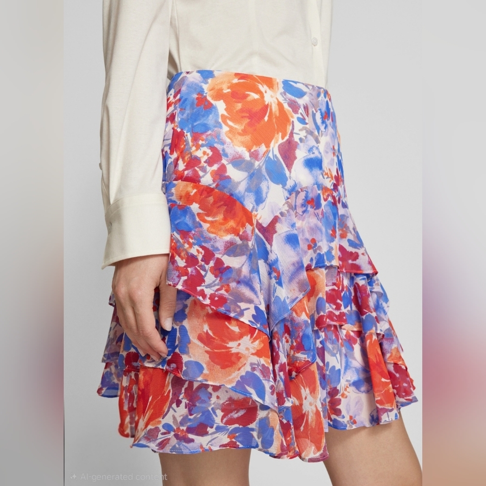 Ralph Lauren Floral Ruffle Skirt - Orange & Blue, Size 16, Length 20 Inches
